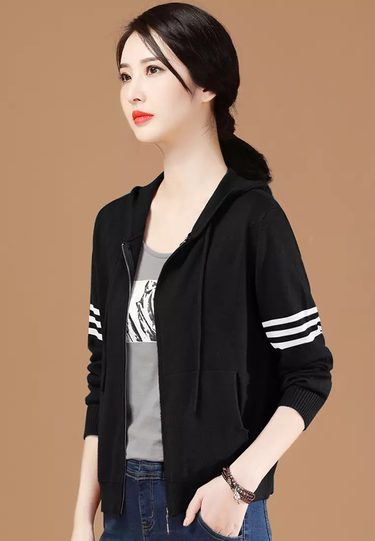 A-IN GIRLS Retro Striped Hooded Knitted Jacket