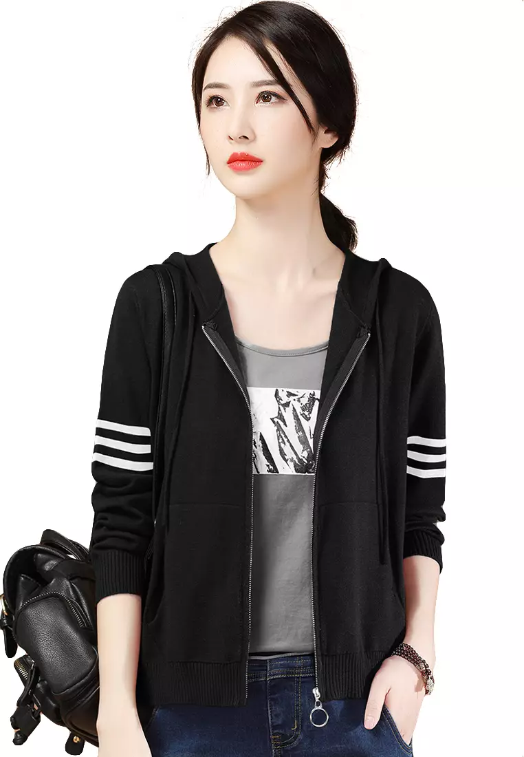 A-IN GIRLS Retro Striped Hooded Knitted Jacket