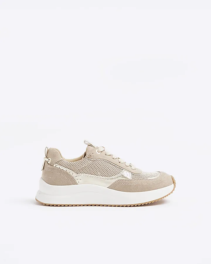 Beige mesh panel lace up trainers