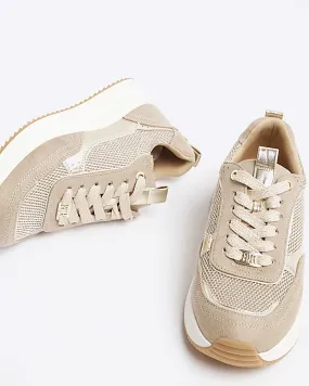 Beige mesh panel lace up trainers