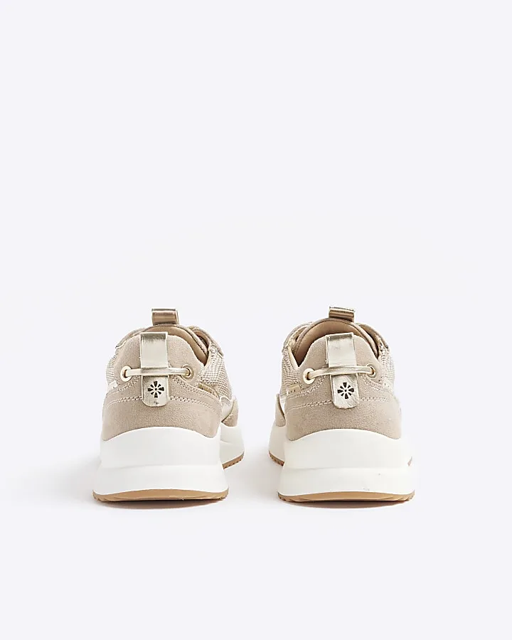 Beige mesh panel lace up trainers