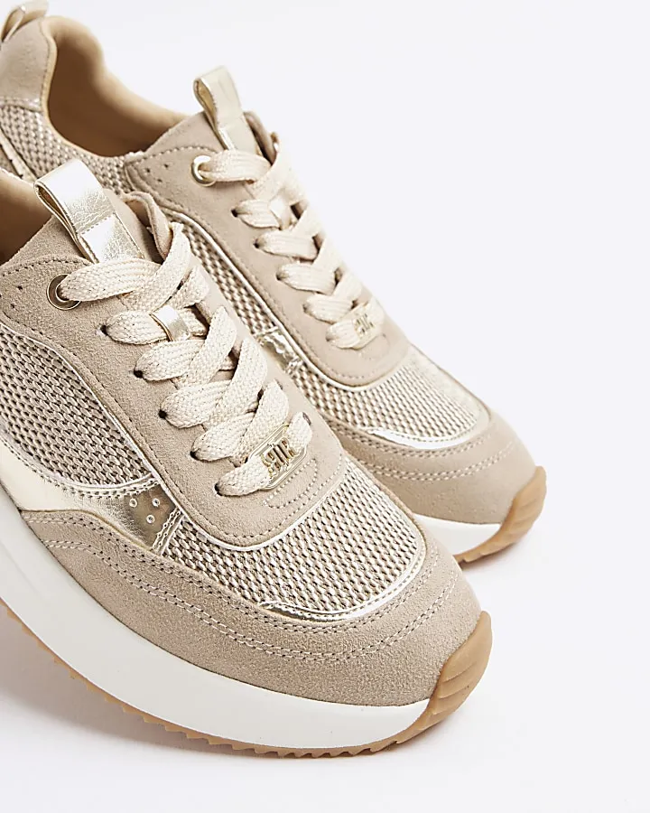 Beige mesh panel lace up trainers