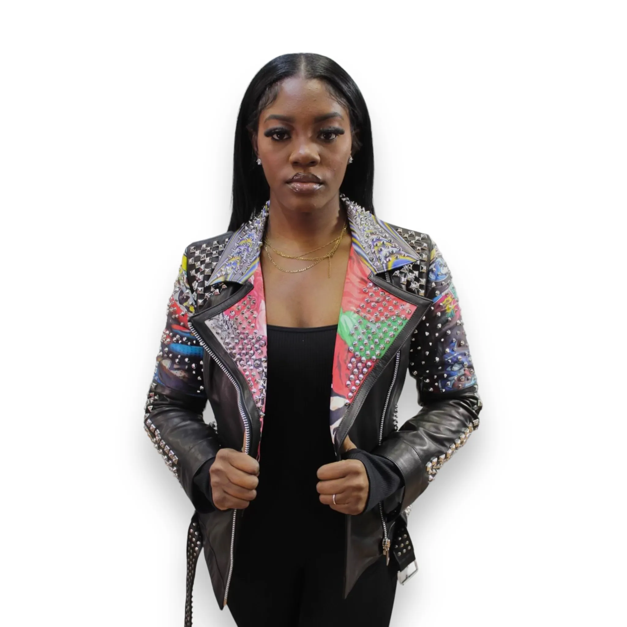 Black Studded DL Jacket with Rhinestone Design - Daniel's Leather