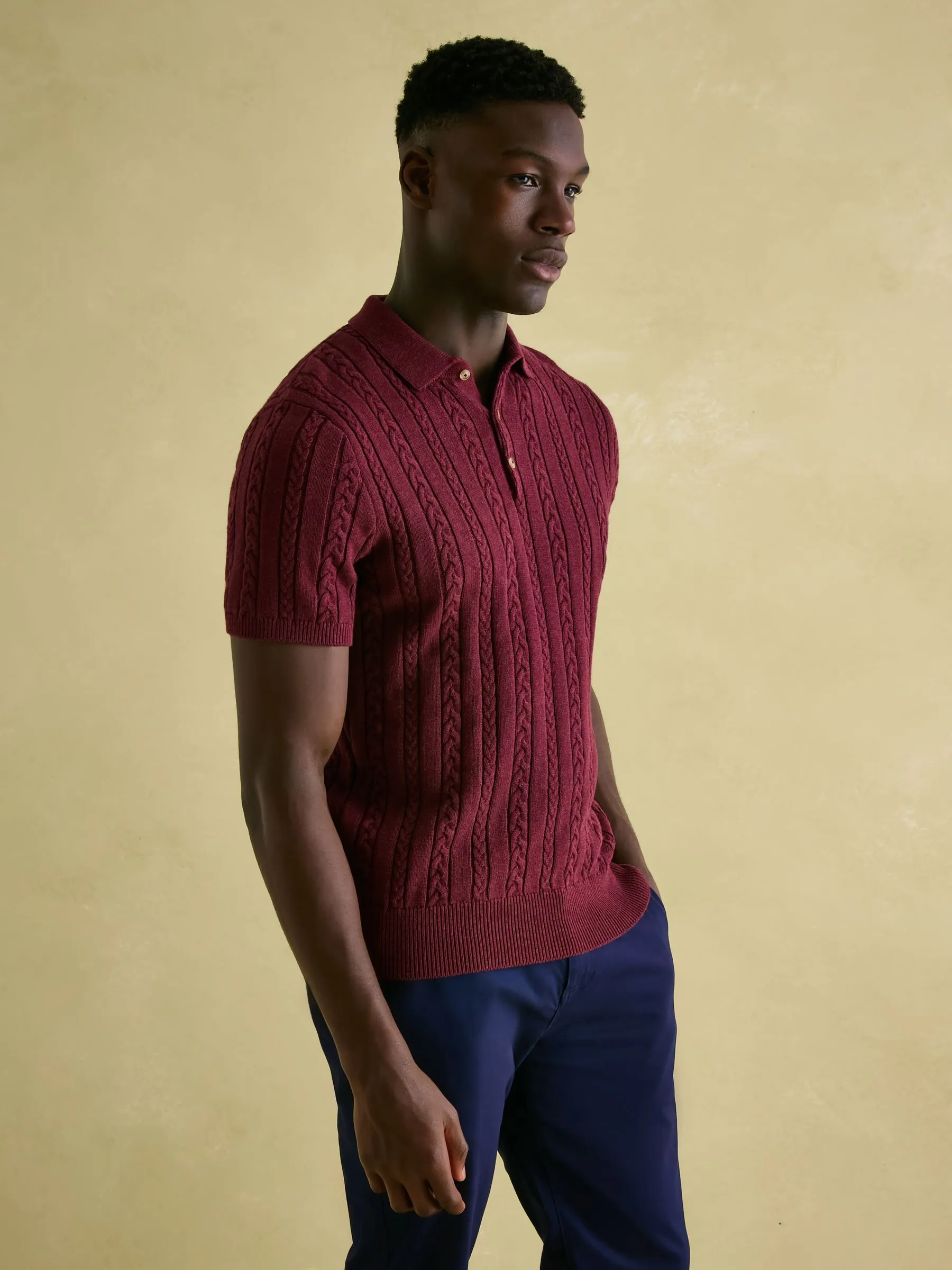 Burgundy Red Cable Knitted Polo Shirt