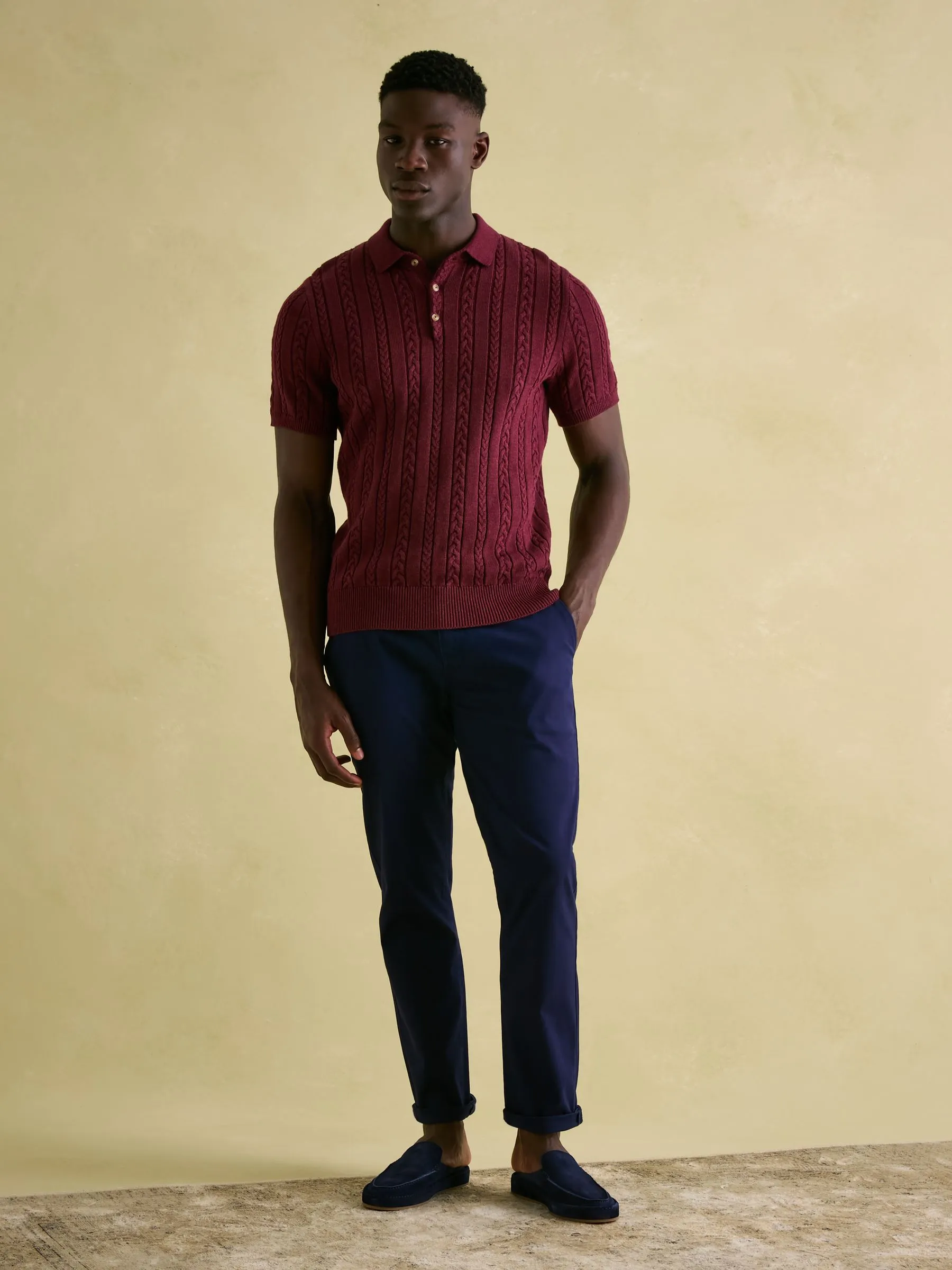 Burgundy Red Cable Knitted Polo Shirt