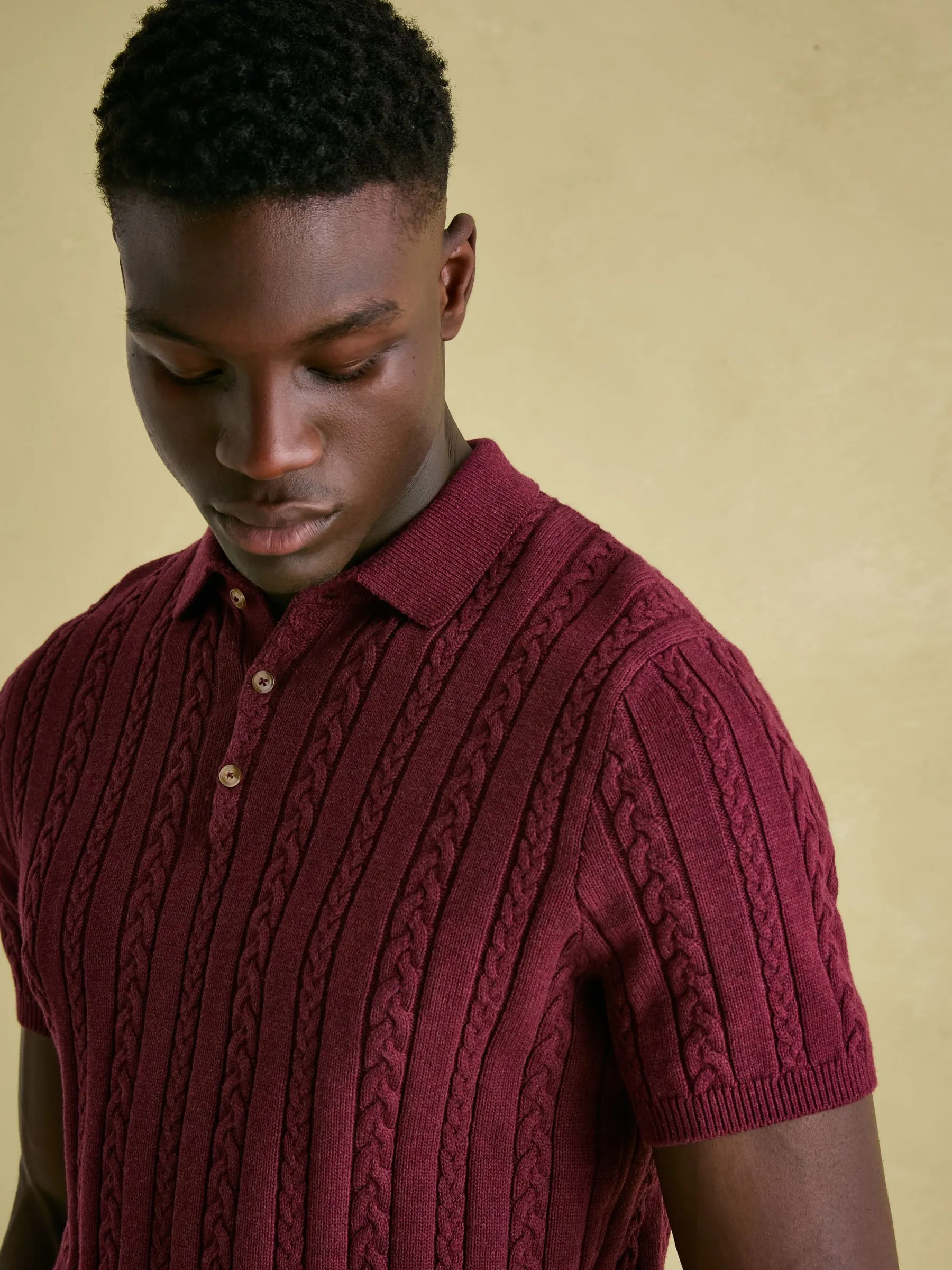 Burgundy Red Cable Knitted Polo Shirt