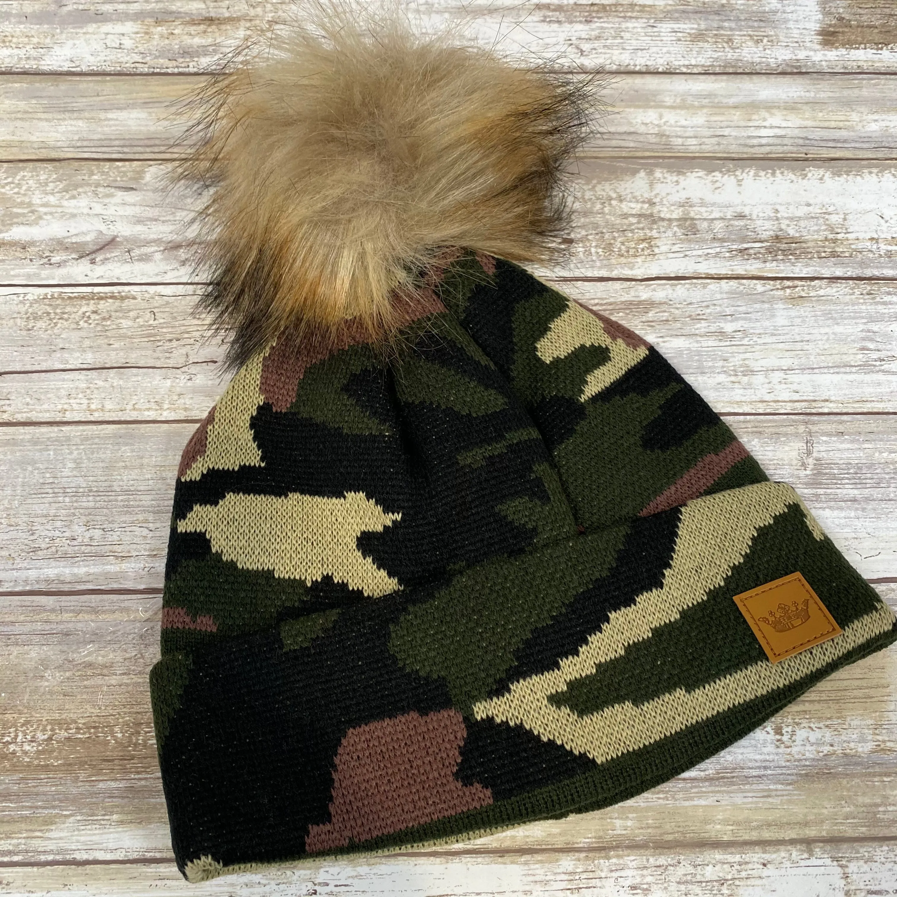 Camo Knit Hat with Pom Accent