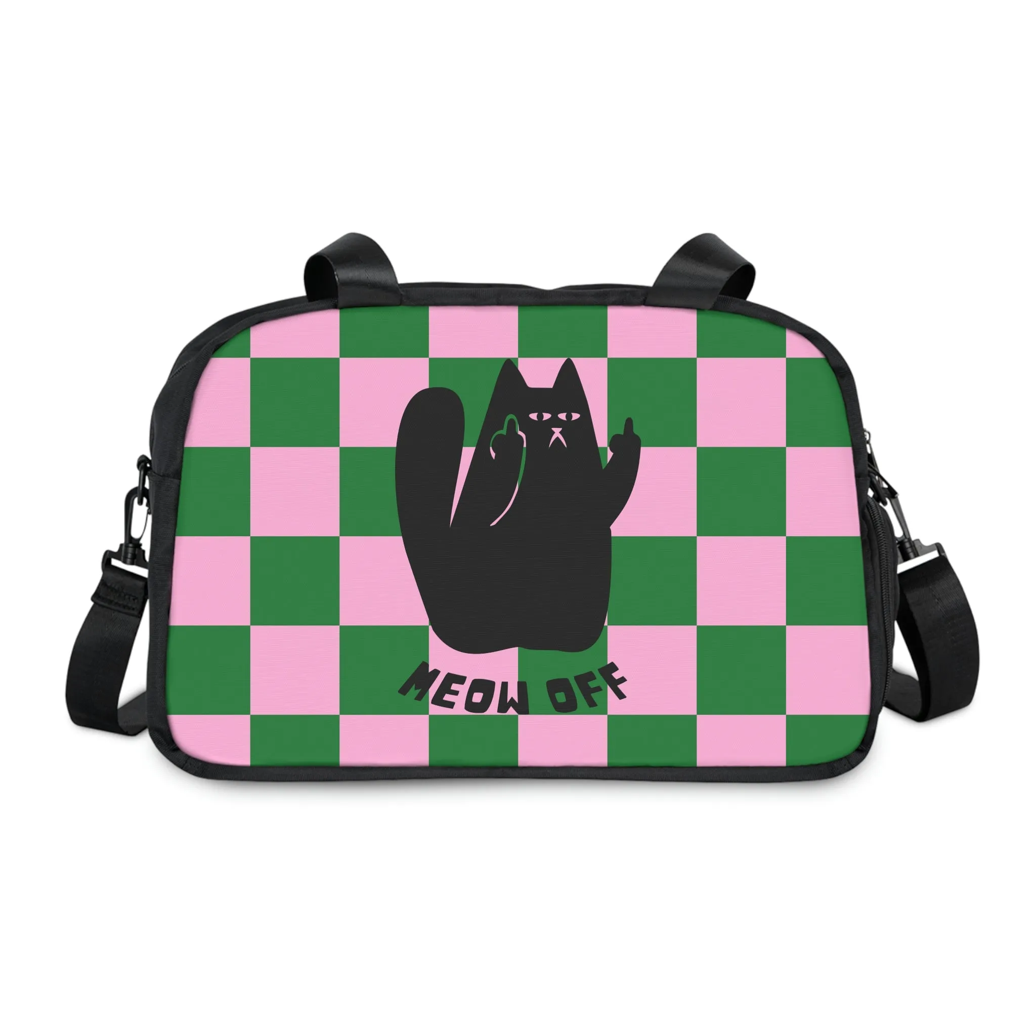 Checkered Cat pointing middle finger says meow off Fitness Handbag