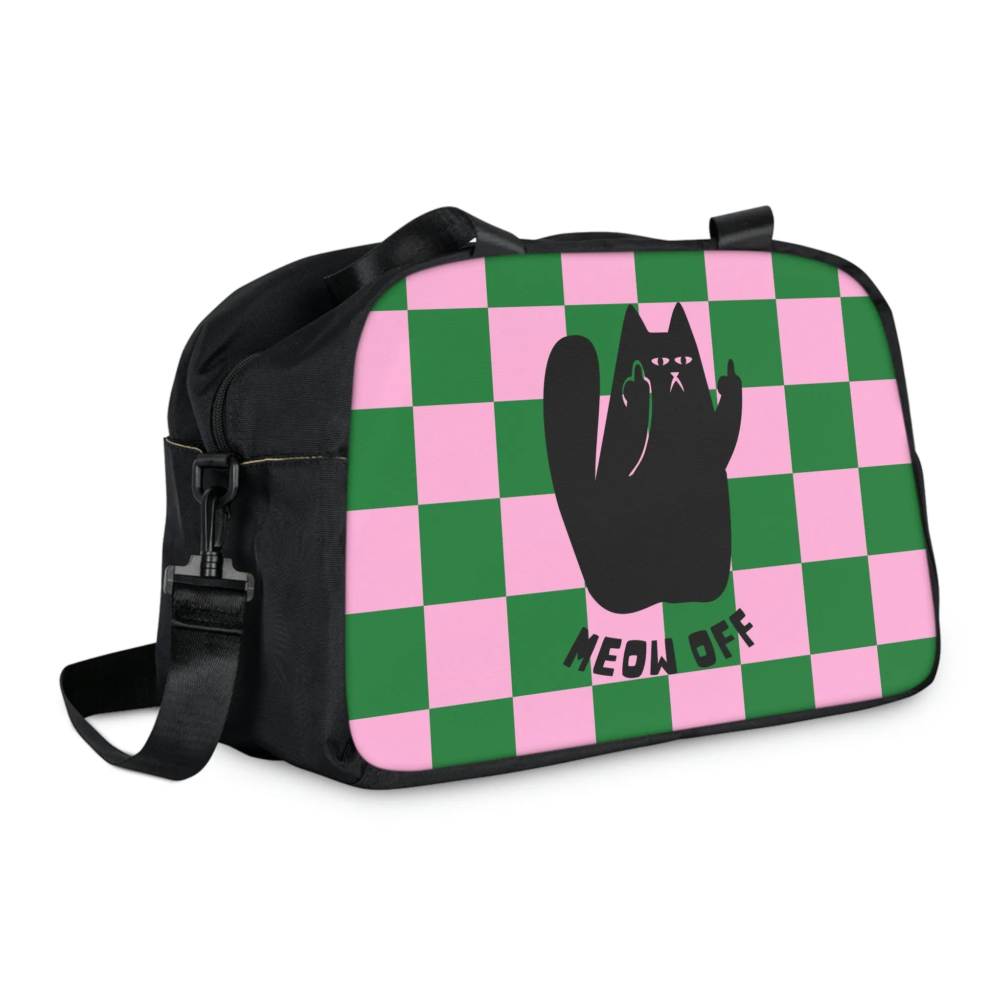 Checkered Cat pointing middle finger says meow off Fitness Handbag