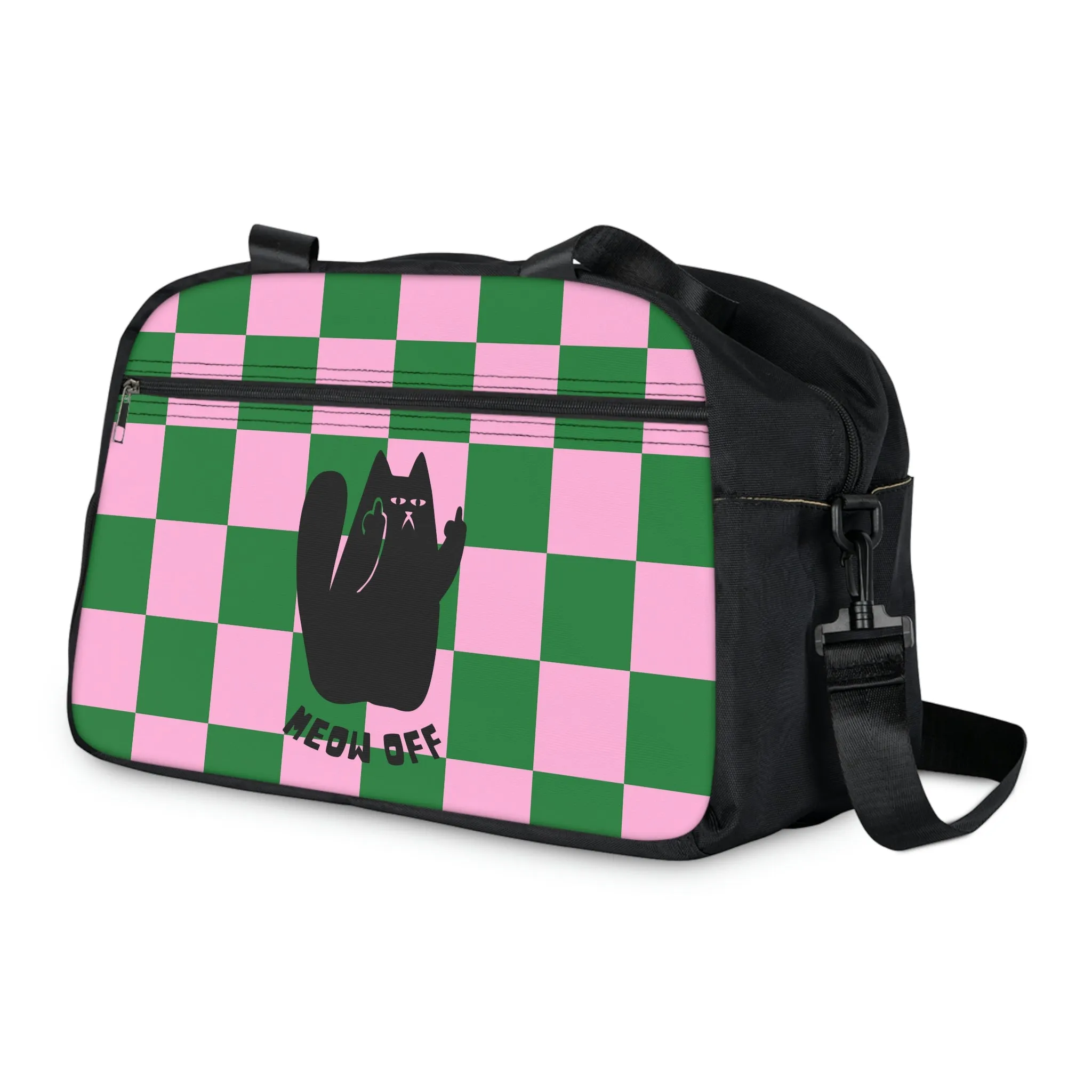 Checkered Cat pointing middle finger says meow off Fitness Handbag