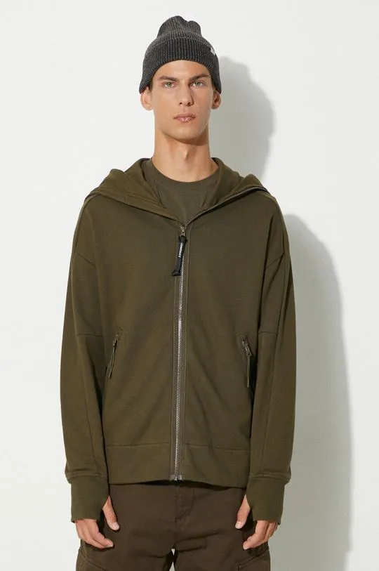 C.P. Company cotton sweatshirt Diagonal Raised Fleece Goggle Zipped men's green color hooded smooth 17CMSS141A005086W