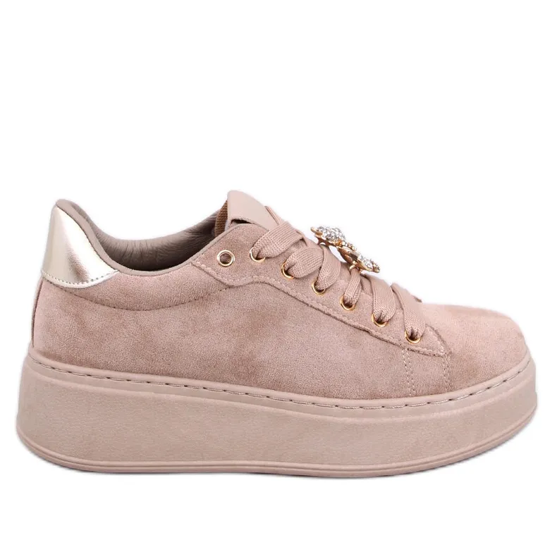 Crystal Teddy Bear Platform Sneakers Silma Khaki beige