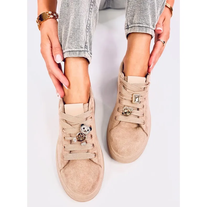 Crystal Teddy Bear Platform Sneakers Silma Khaki beige