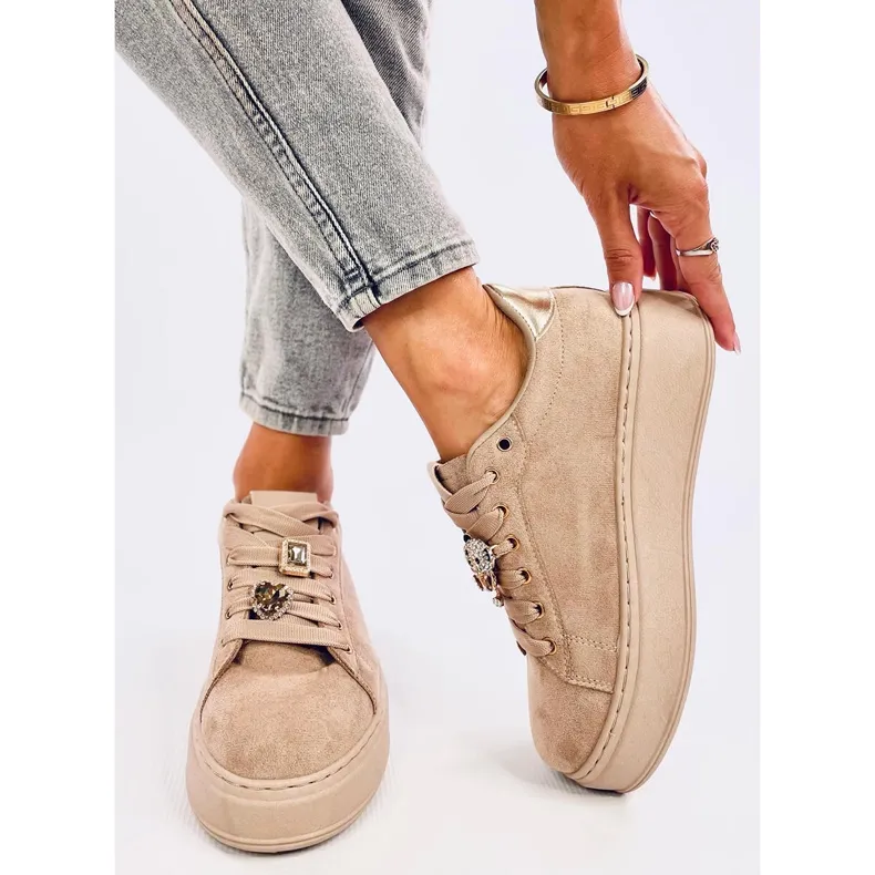 Crystal Teddy Bear Platform Sneakers Silma Khaki beige