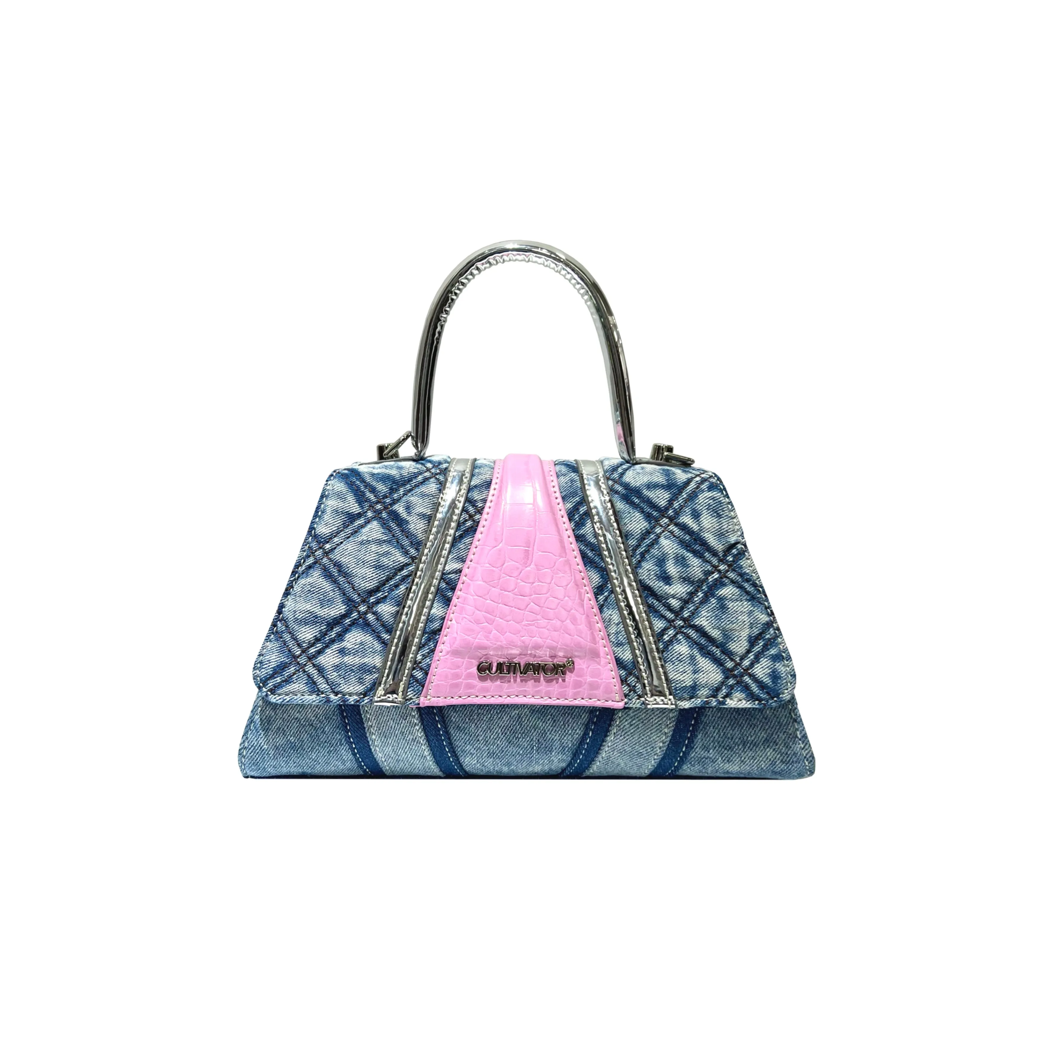 Cultivator Trapezoid Pink Leather Distressed Denim Patchwork Handheld Handbag