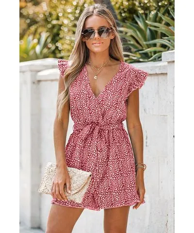 Cupshe Red Ditsy V-Neck Flutter Sleeve Romper