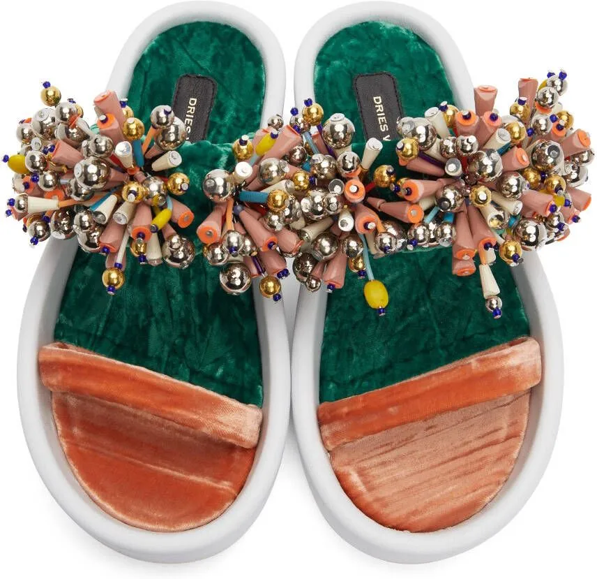 Dries Van Noten Green & Orange Beaded Flat Sandals