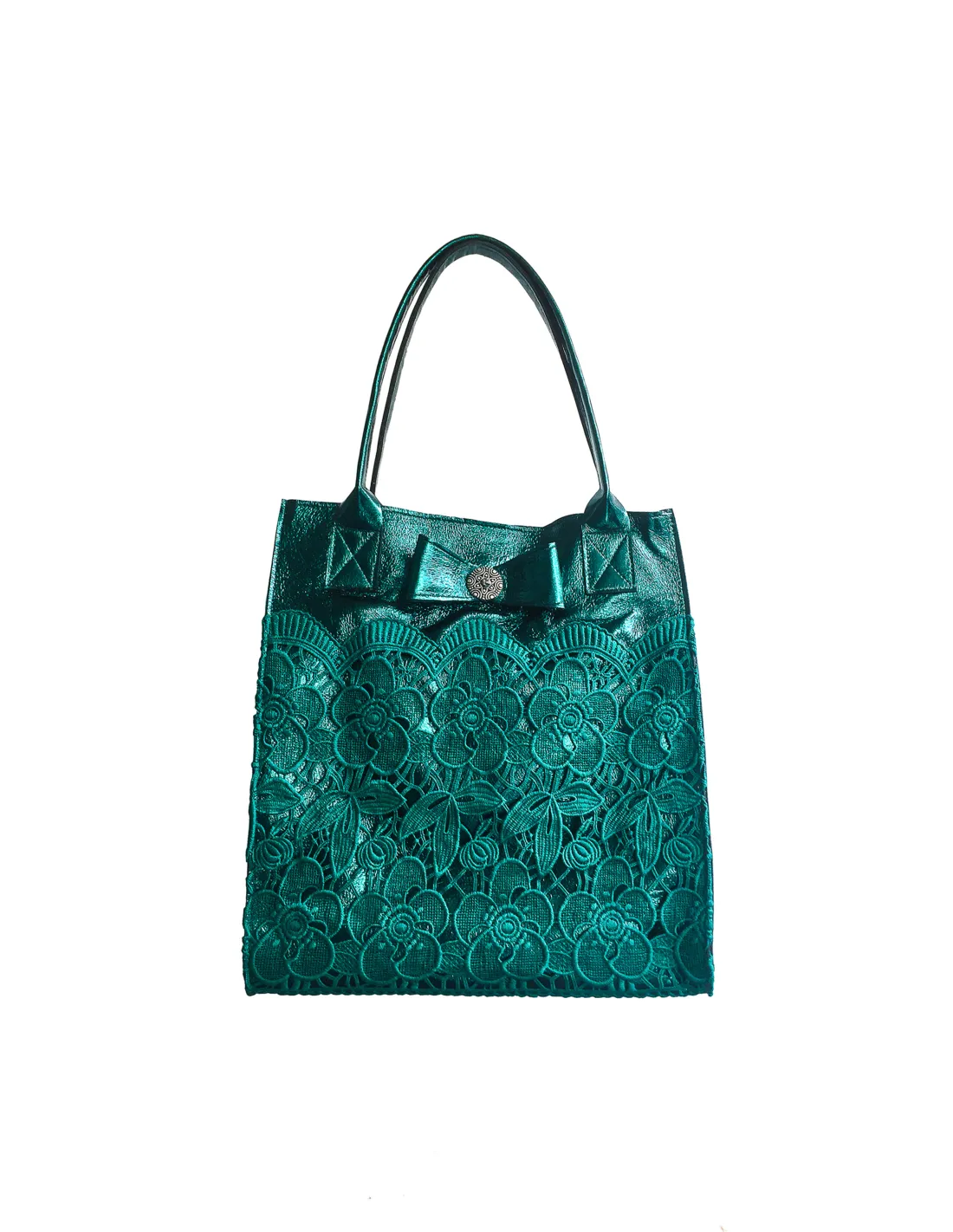 Elegant Green Leather Bag With Embroidery - Bolsa Renda Hortela