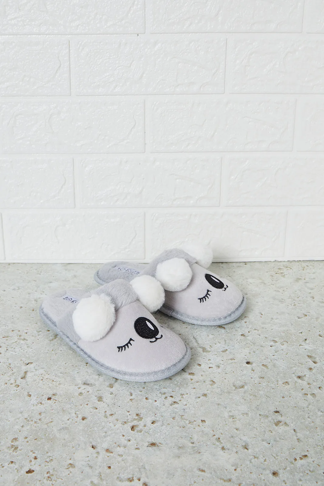 Girls Grey Pom Pom Slipper