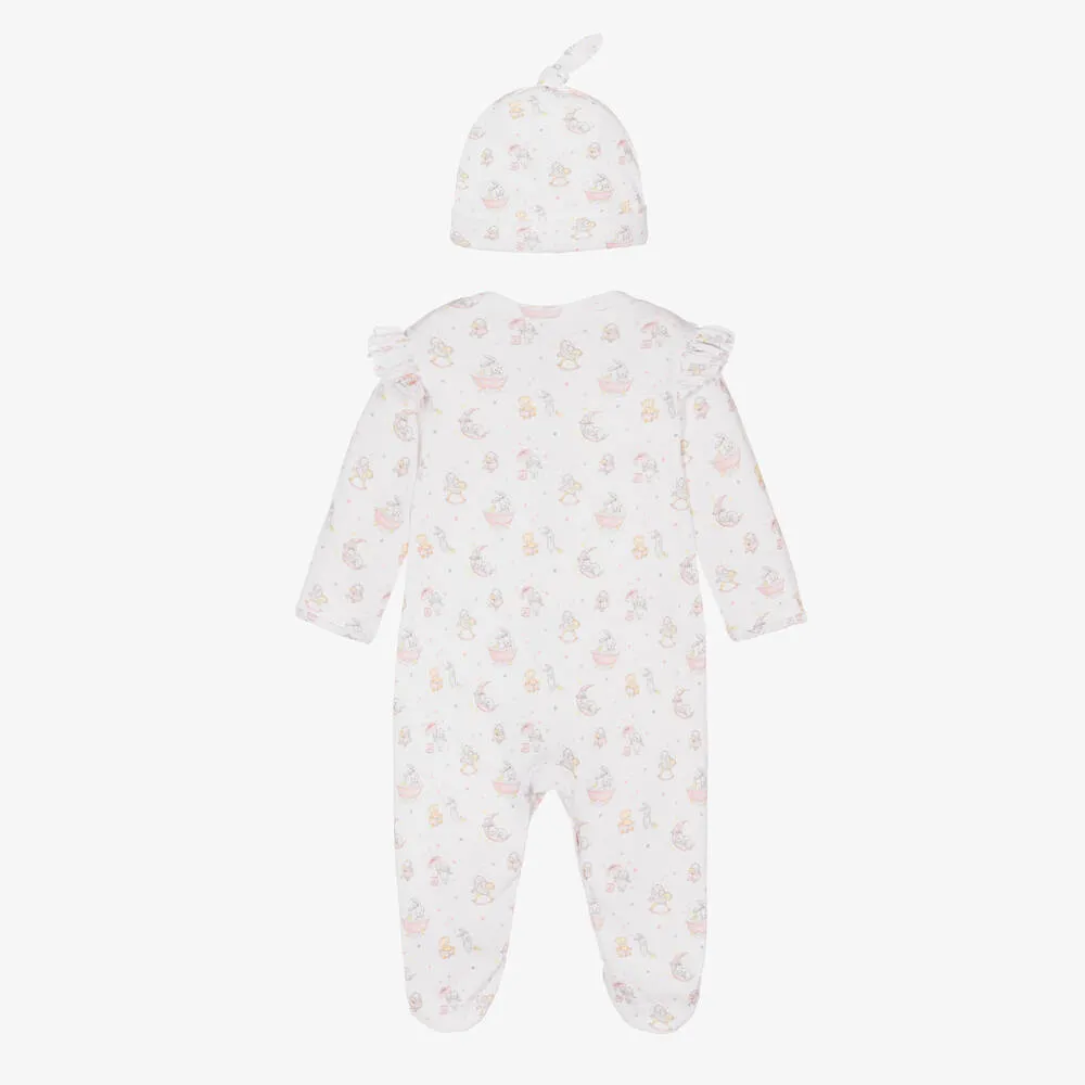 Girls White Cotton Babysuit & Hat Set