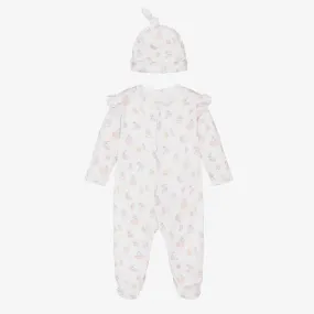 Girls White Cotton Babysuit & Hat Set