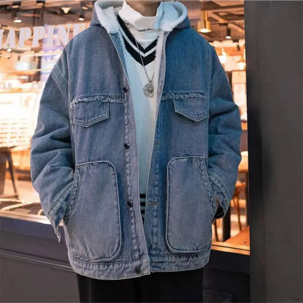 Hooded oversized winter demin jacket for men