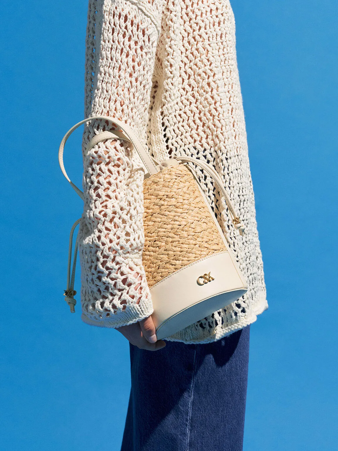 Leather & Raffia Bucket Bag - Beige