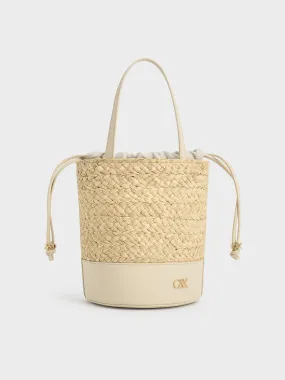 Leather & Raffia Bucket Bag - Beige