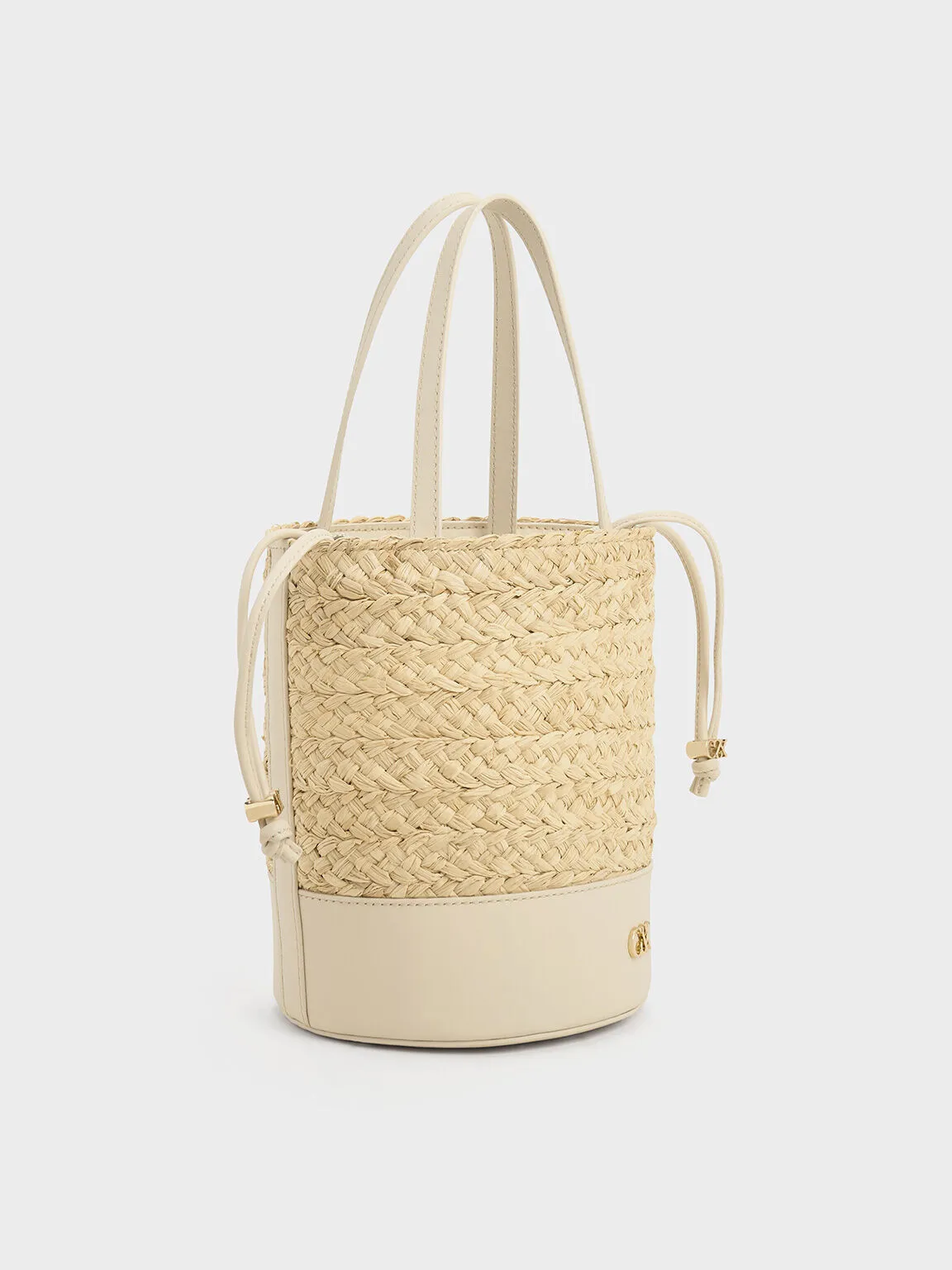 Leather & Raffia Bucket Bag - Beige