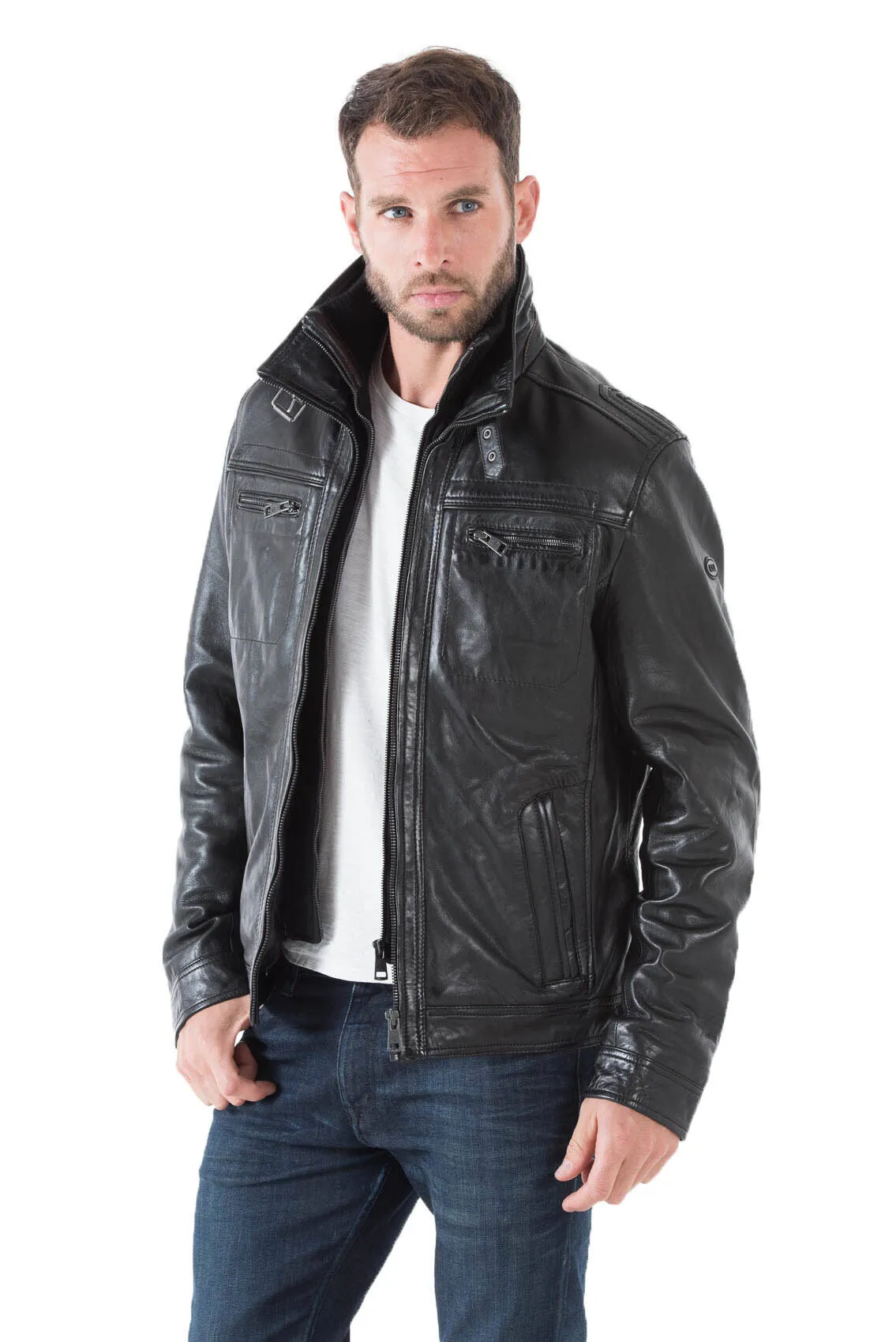 Leather jacket man black 51704 winter sport lamb