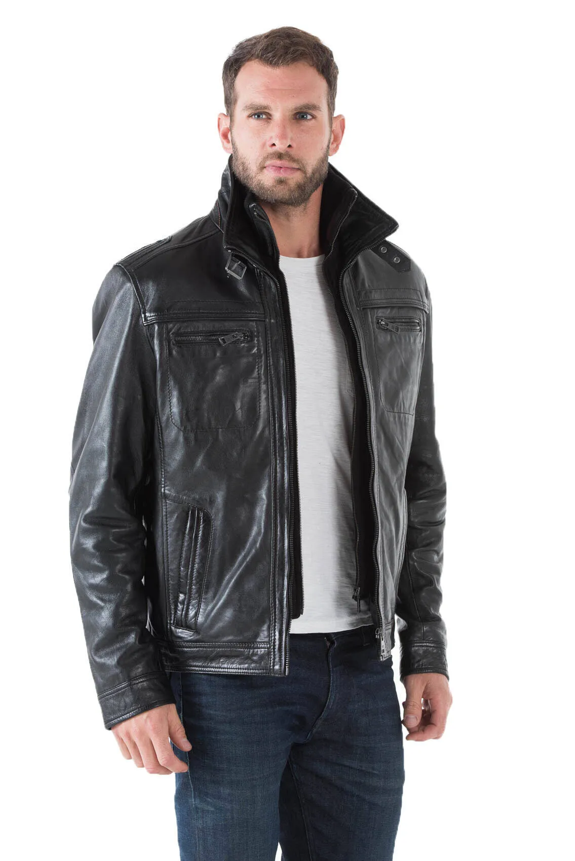 Leather jacket man black 51704 winter sport lamb