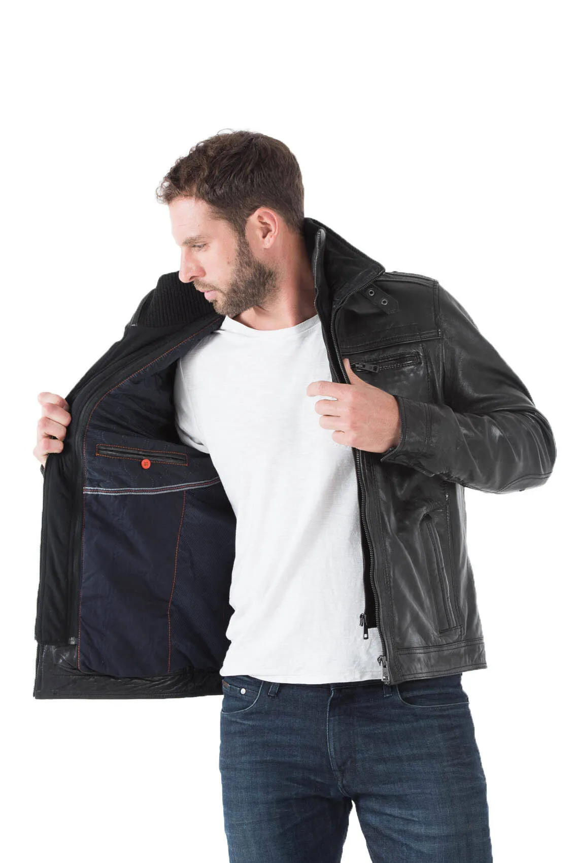 Leather jacket man black 51704 winter sport lamb