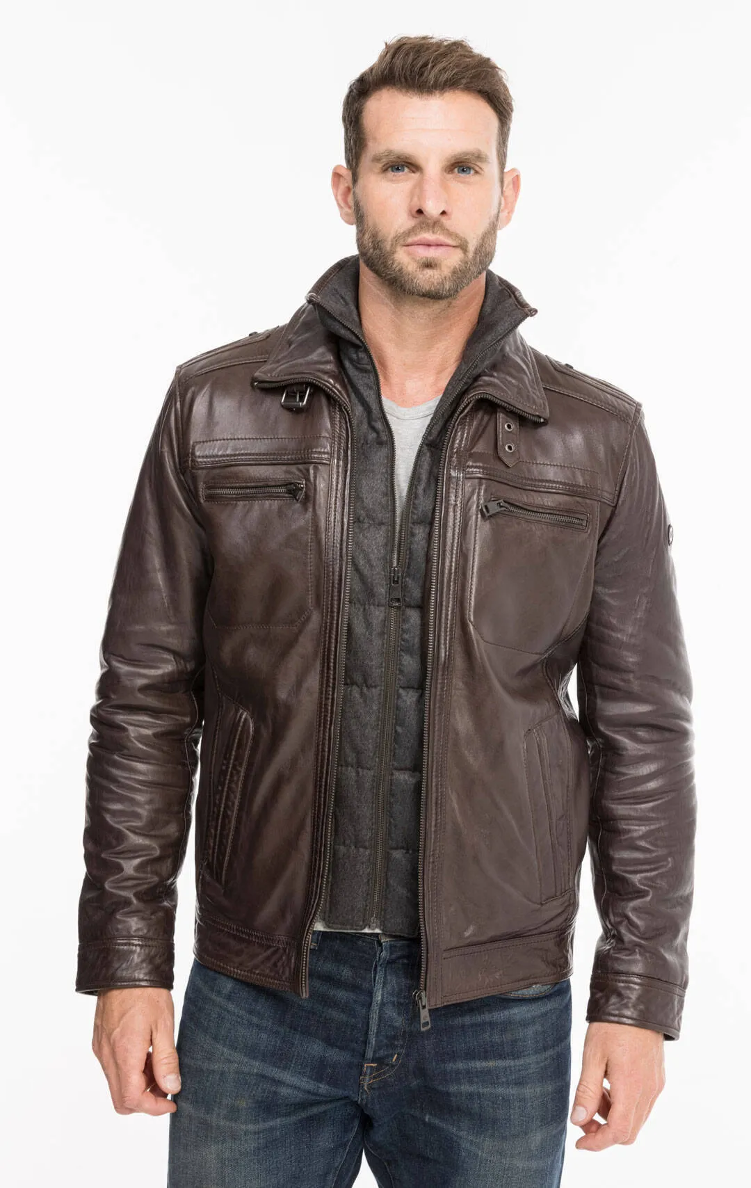 Leather jacket man brown 51704 winter sport lamb