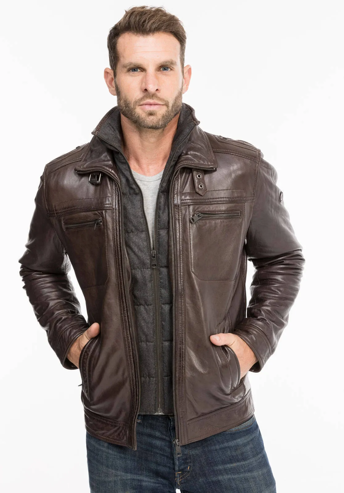 Leather jacket man brown 51704 winter sport lamb