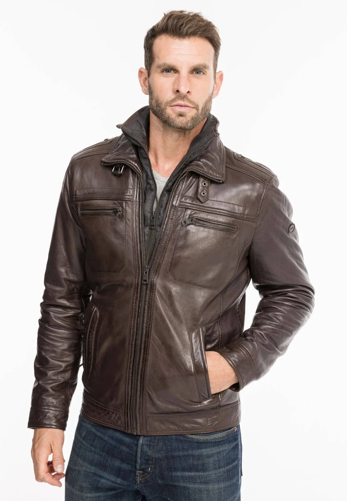 Leather jacket man brown 51704 winter sport lamb