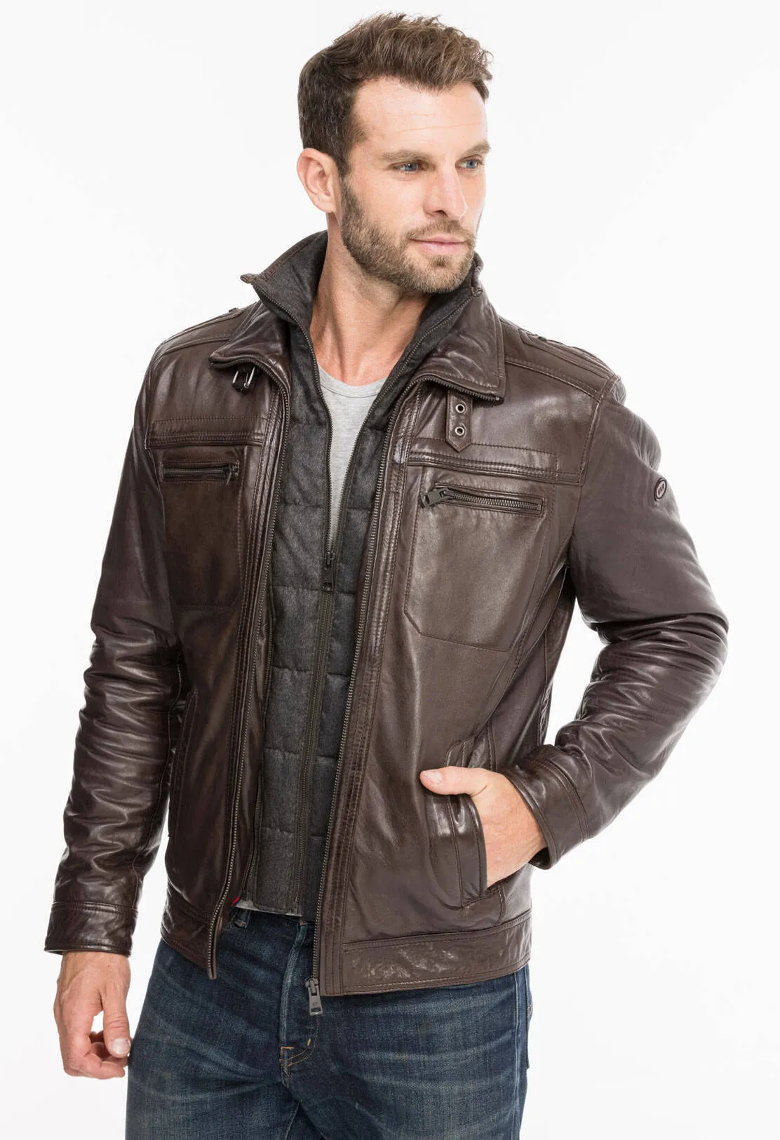 Leather jacket man brown 51704 winter sport lamb