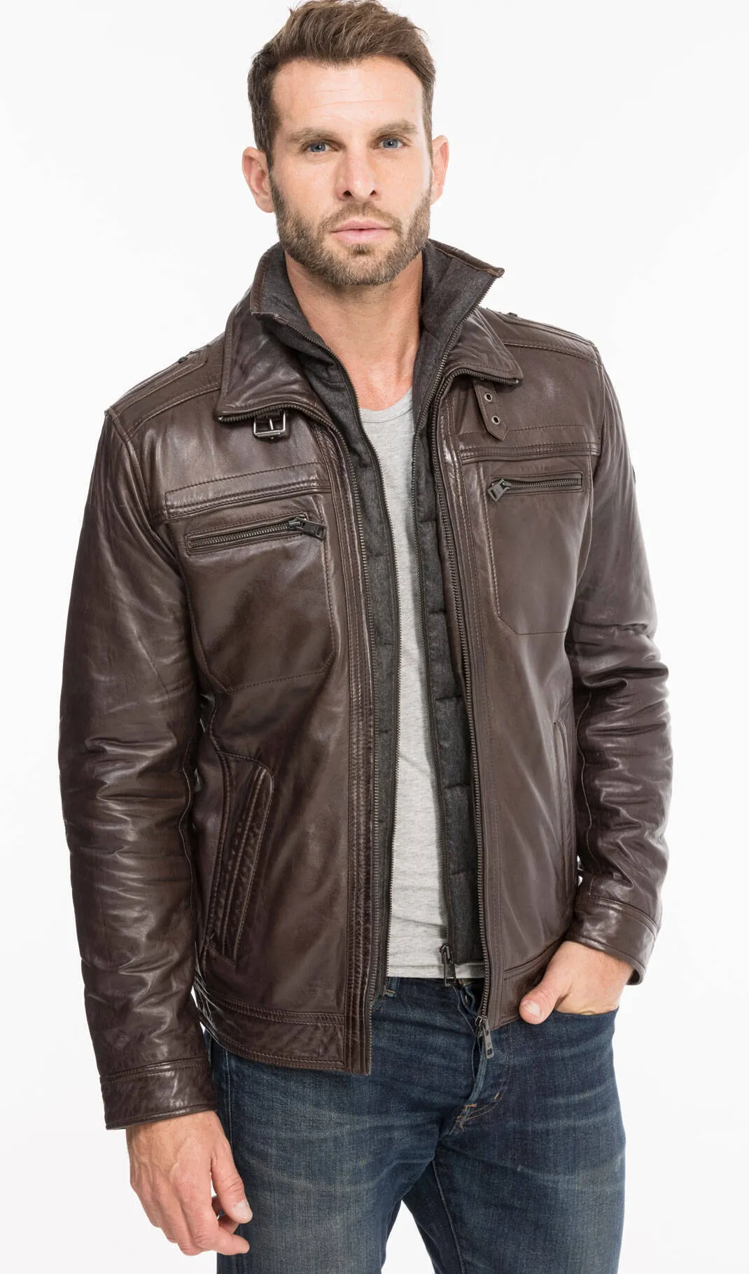 Leather jacket man brown 51704 winter sport lamb