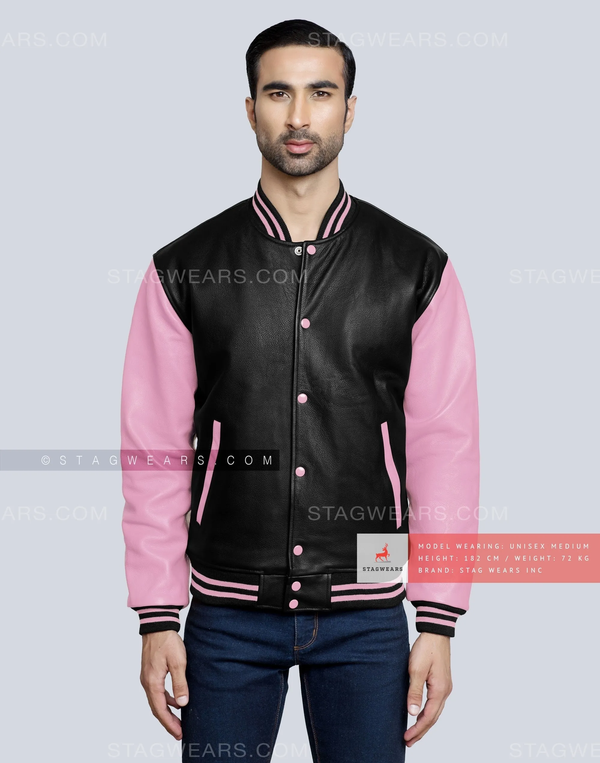 Leather Varsity Jacket with Black Body and Baby Pink Sleeves