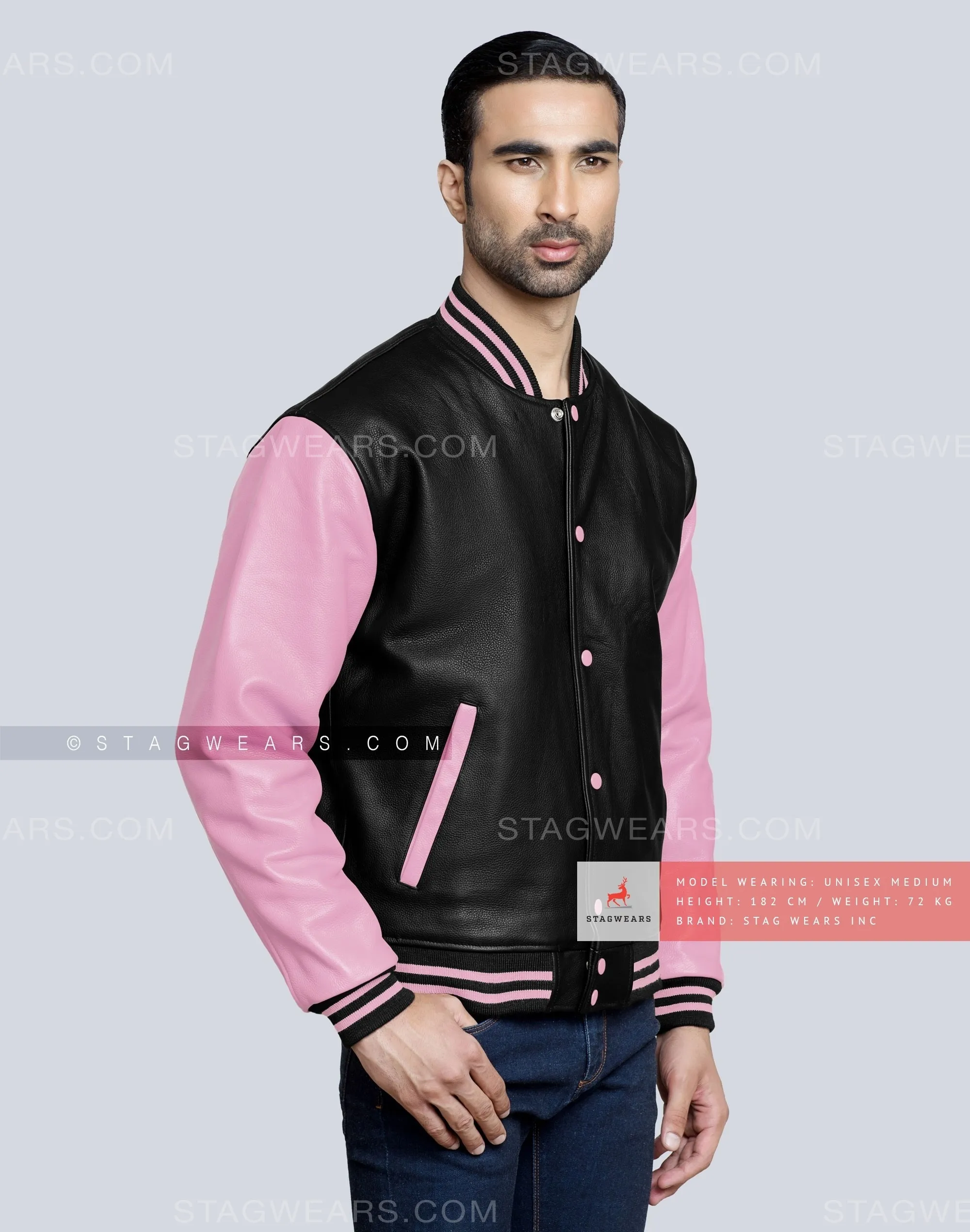 Leather Varsity Jacket with Black Body and Baby Pink Sleeves