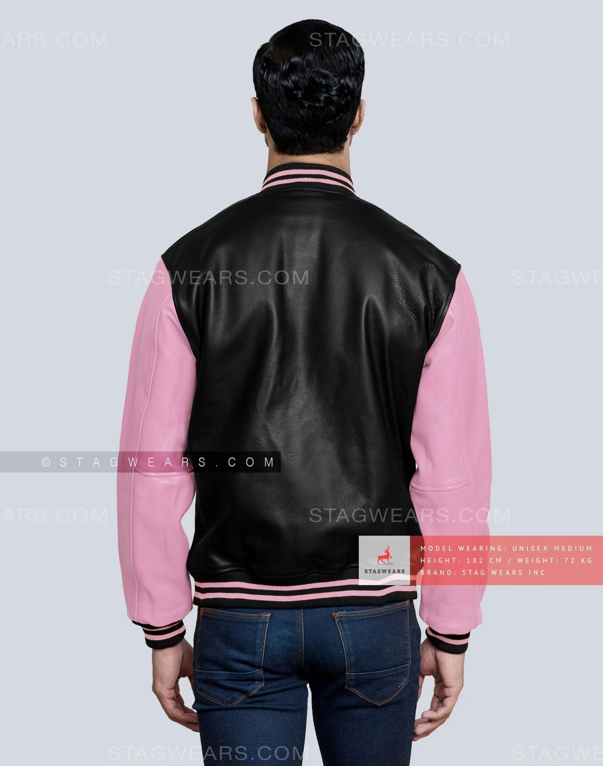 Leather Varsity Jacket with Black Body and Baby Pink Sleeves