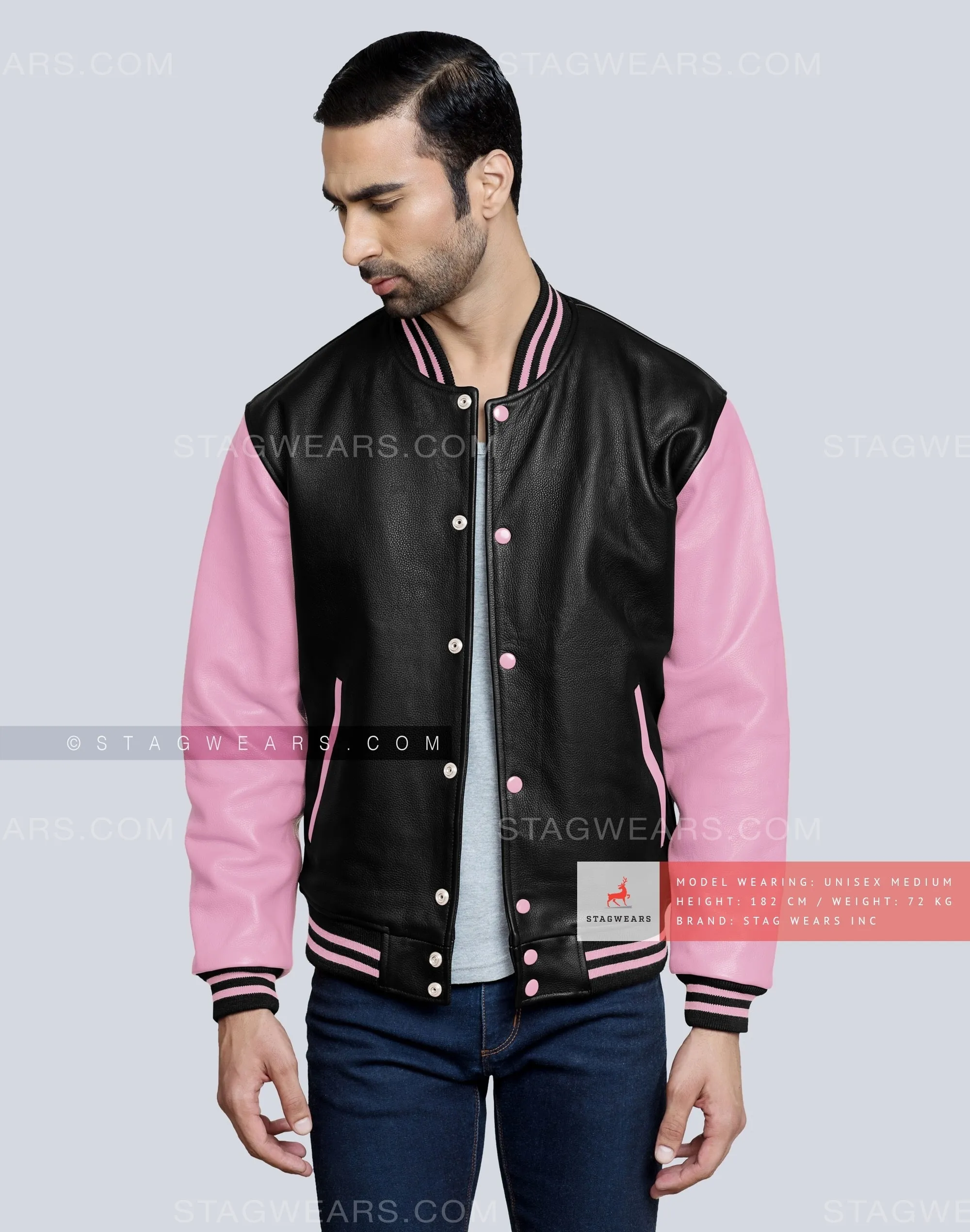 Leather Varsity Jacket with Black Body and Baby Pink Sleeves