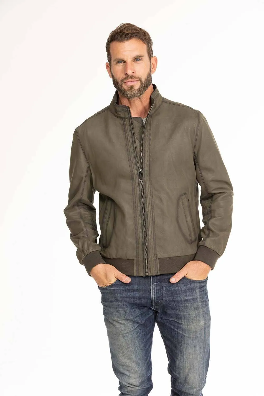 Men's green leather jacket in classic gervin pilot style