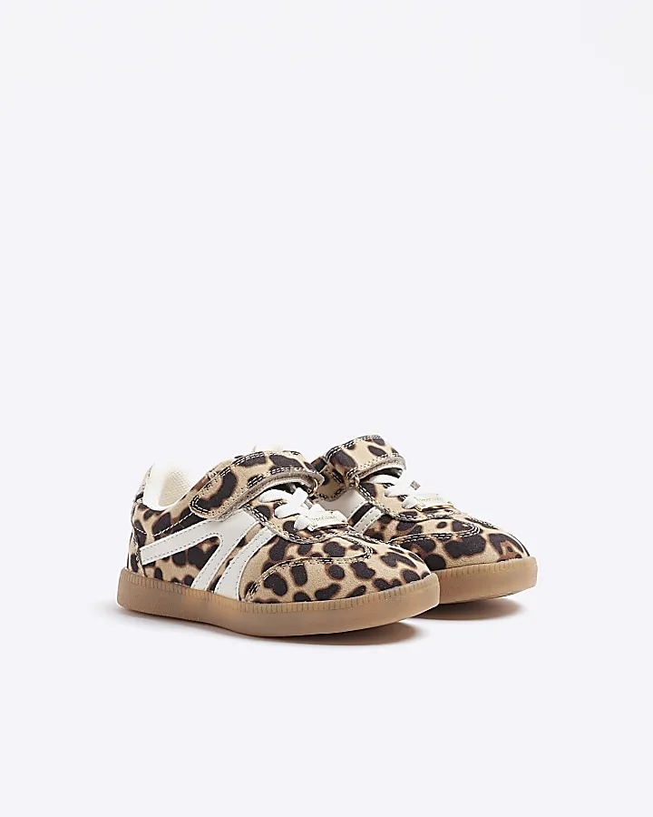 Mini girls brown leopard print trainers