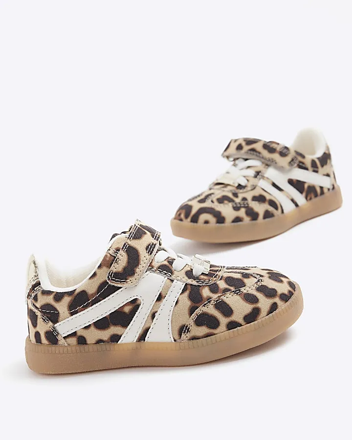 Mini girls brown leopard print trainers