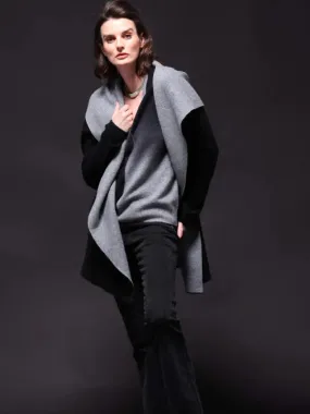 Minnie Rose Cashmere/Cotton Reversible Hooded Coatigan in Black/Grey Shadow 