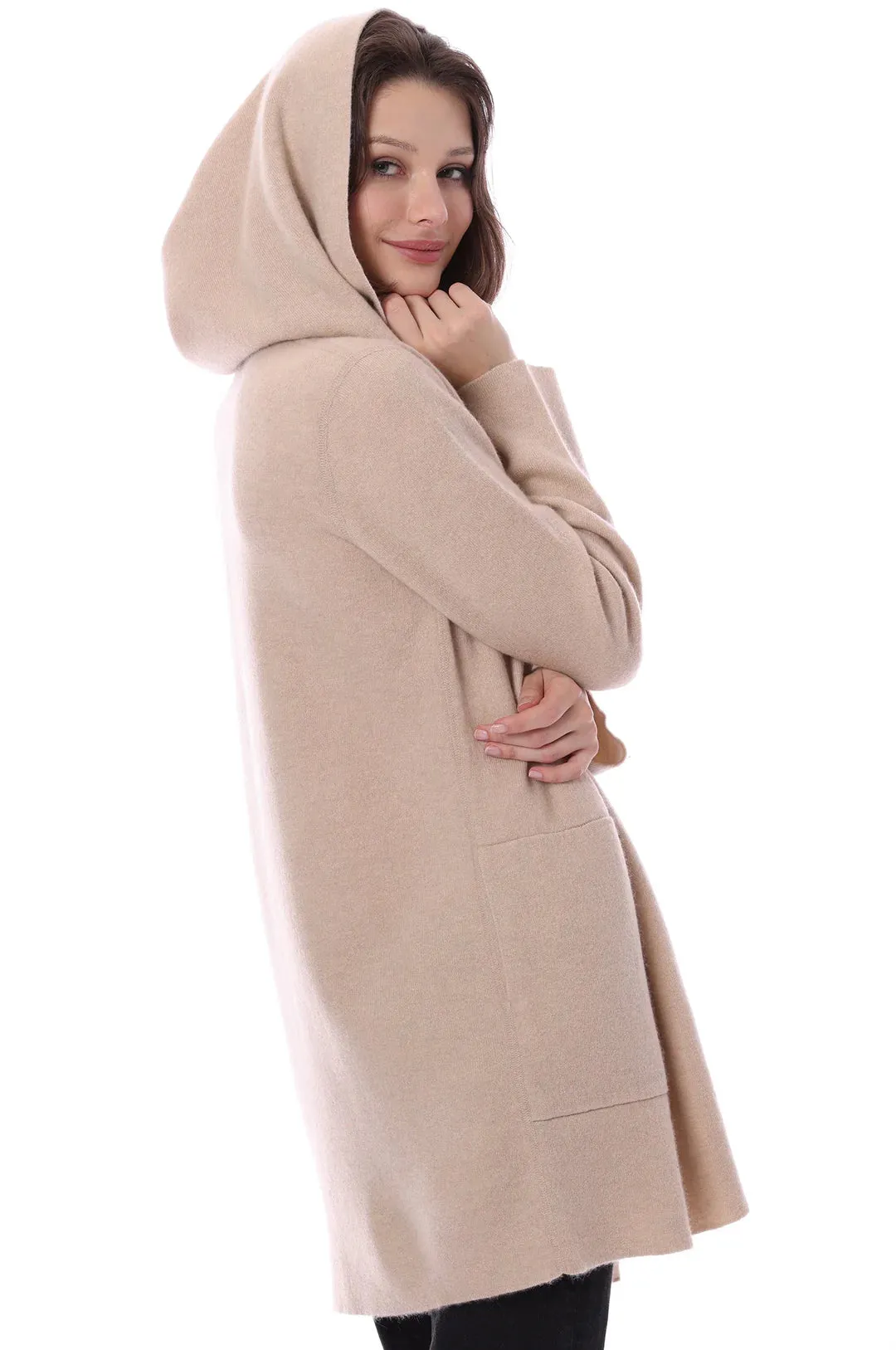 Minnie Rose Cashmere/Cotton Reversible Hooded Coatigan in Brown Sugar/Starch 