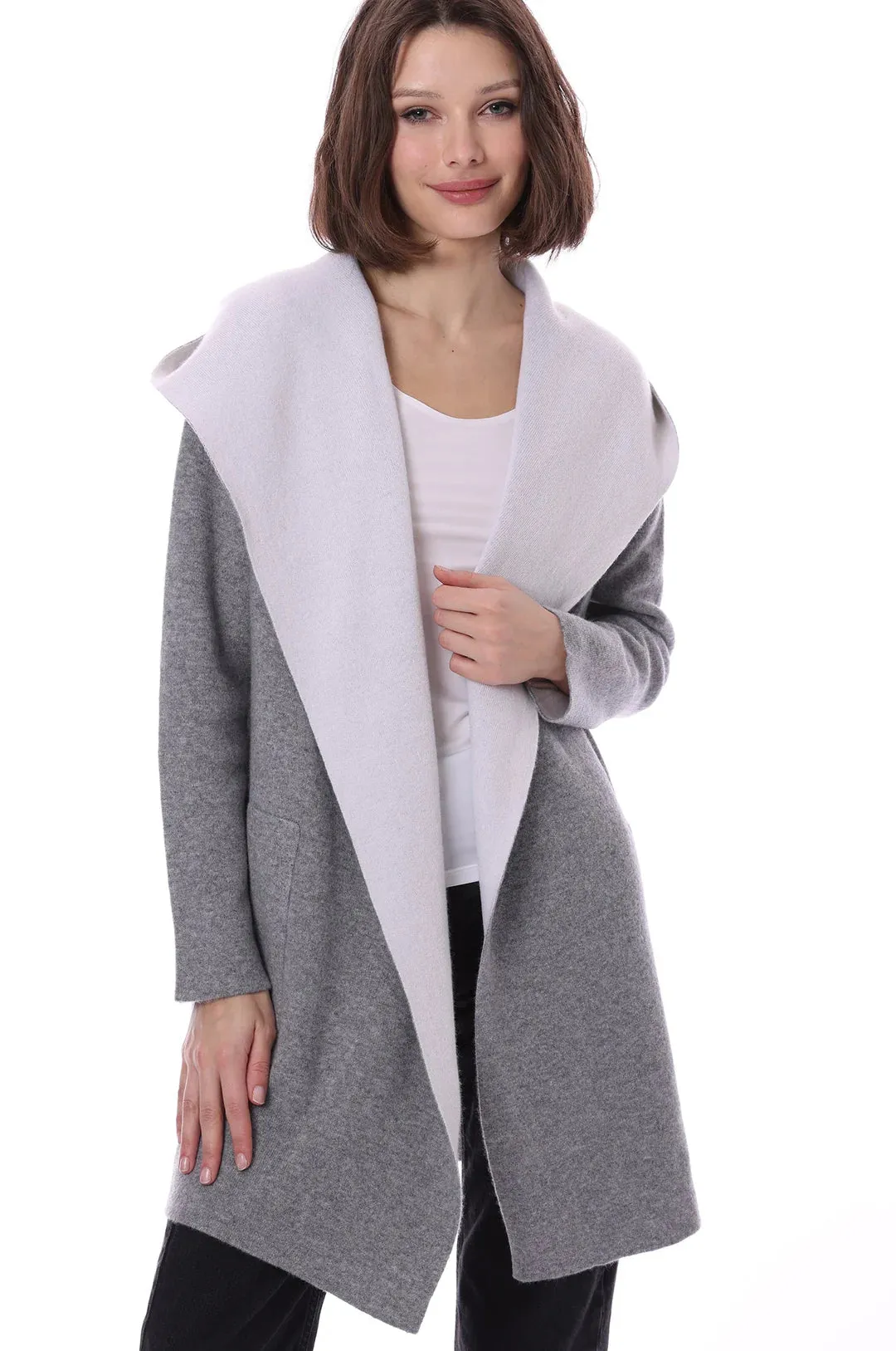 Minnie Rose Cashmere/Cotton Reversible Hooded Coatigan in Grey Shadow/Starch 