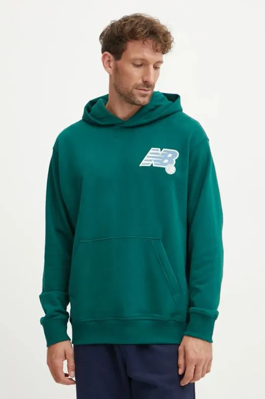 New Balance cotton sweatshirt men's green color hooded smooth MT43563MHN