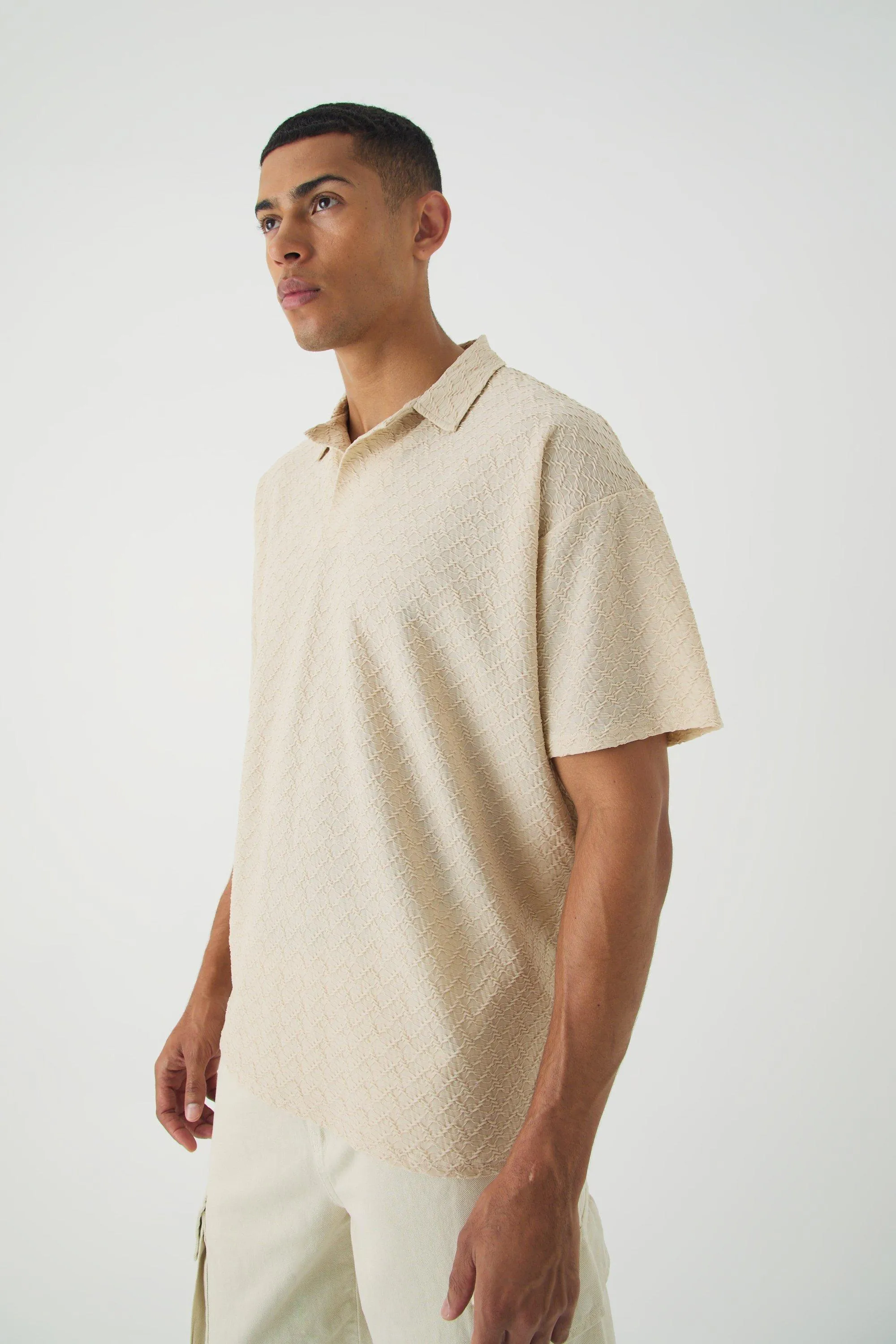 Oversized Revere Texture Polo | boohooMAN UK