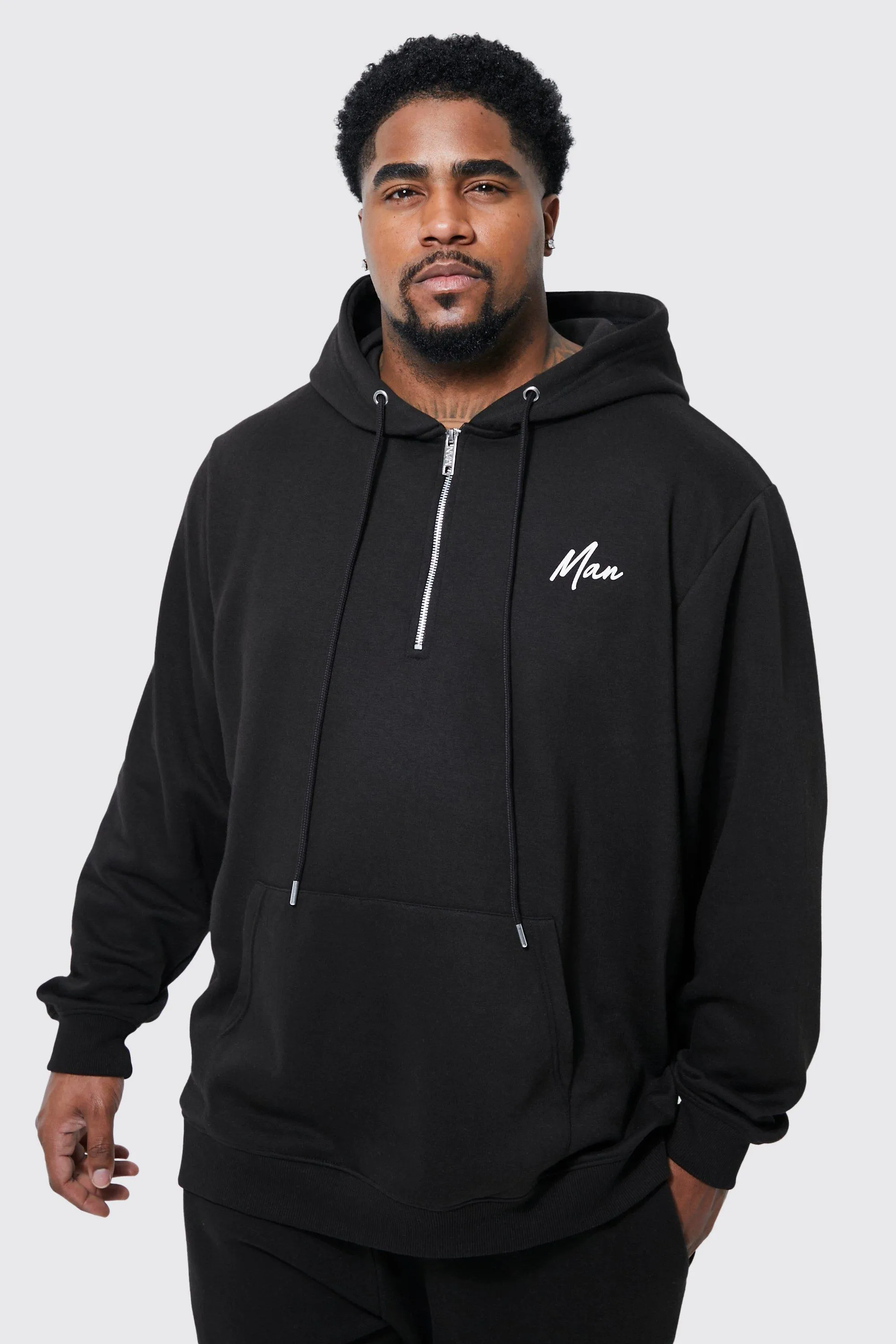 Plus Lightweight Man 1/4 Zip Regular Fit Hoodie | boohooMAN UK